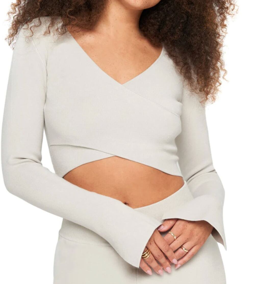 SPIRITUAL GANGSTER | Hadley Wrap Crossover Long Sleeve Crop Top Birch | XS
